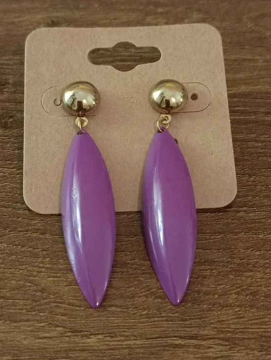 Purple Teardrop Dangle Earrings Gold Tone Long Statement Drop Trendy Bold - Picture 3 of 5